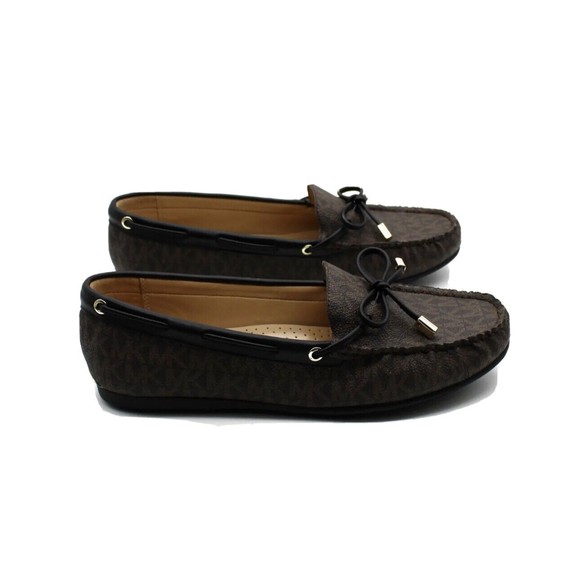 Michael Kors Sutton Sz 10 Loafers Logo Print Moc Flats Brown/Black Slip On Bow - Picture 5 of 9